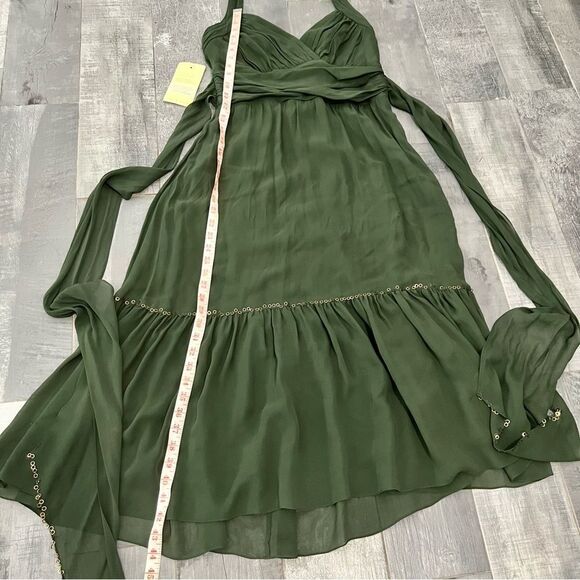 Y2K BCBG Maxaria Boho Green 100% Silk Chiffon Sequin Ruched Halter Dress 10 L - Picture 8 of 16